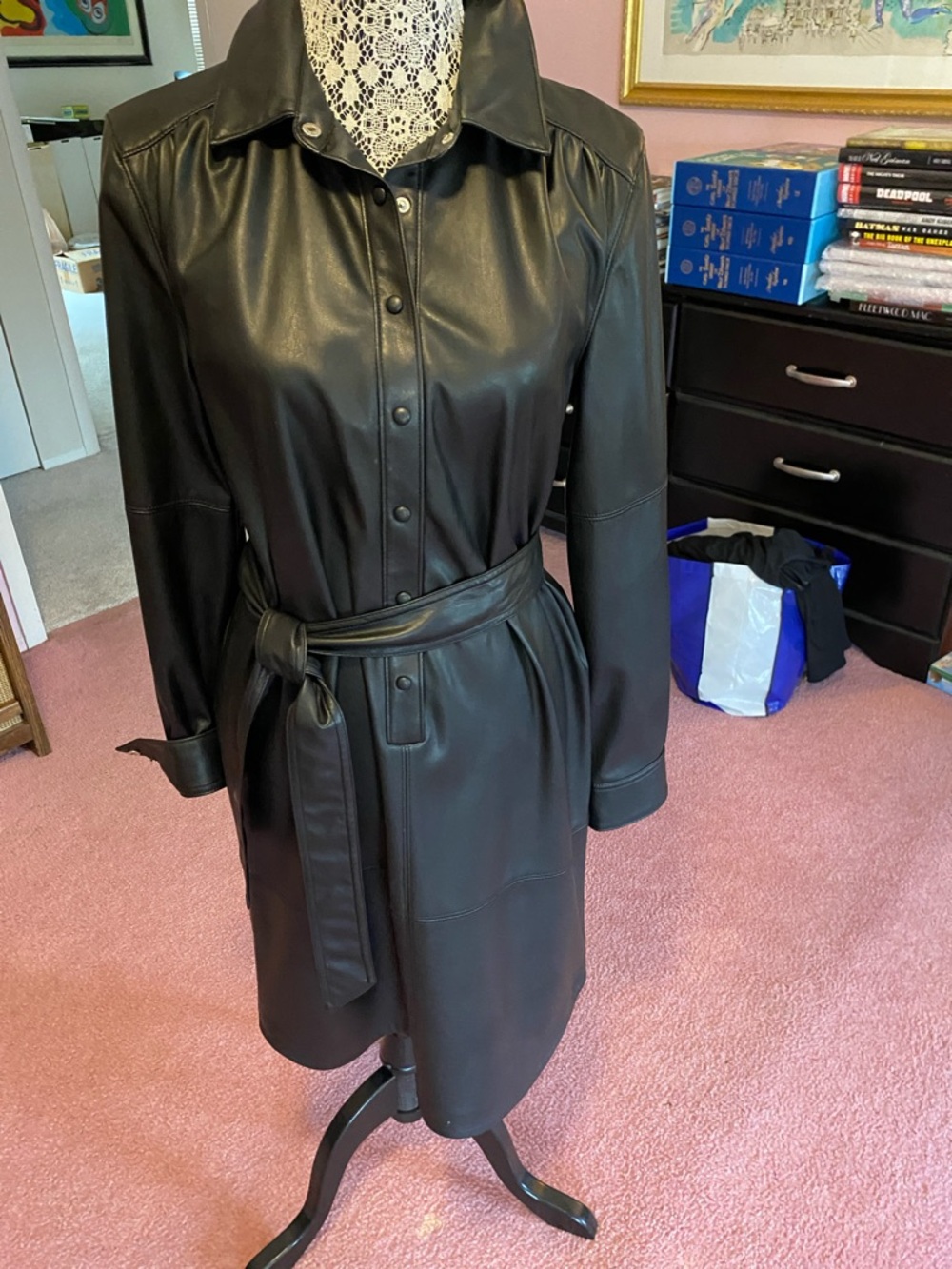 Joseph Ribkoff Black Faux-Leather Long Sleeve Belted Shirt Dress